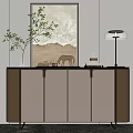 Modern Entryway Console Cabinet With Green Plant Table Lamp Decorative Painting And Metal Frame