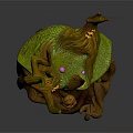 Nature Inspired Wooden Creature Character With Green Moss Orange Accents Horn Protrusions And Rooted Base