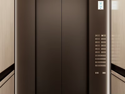 Modern Elevator Lobby With Dark Metallic Doors Control Panel And Wooden Accents 3d model