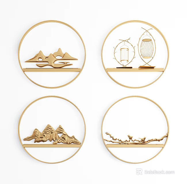 Chinese Style Circular Wall Decor With Golden Frame And Mountain Lantern Branch Patterns 3d model