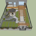Garden Courtyard Design With Wooden Pergola Gazebo Pond Stone Pathway And Lush Green Plants