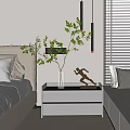 Modern Bedroom Chandelier With Plant Sculpture On White Bedside Table And Window Blinds