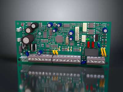 Detailed Green Printed Circuit Board With Electronic Capacitors Resistors And Connectors 3d model
