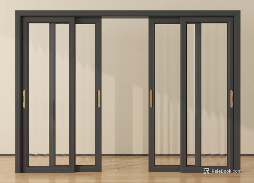 Modern Interior Sliding Doors With Black Frame Glass Panels And Golden Handles 3d model 