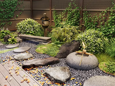 Courtyard Garden Design With Rocks Bamboo Lush Green Plants And Wooden Deck 3d model