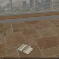 Warm Toned Natural Texture Floor Tiles With Open Book Potted Plant And Sunlight Shadows