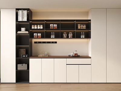 Modern Sideboard Design With Open Shelves White Cabinets And Wooden Countertop Storage 3d model