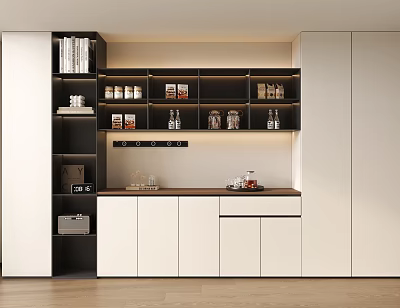 Modern Sideboard Design With Open Shelves White Cabinets And Wooden Countertop Storage 3d model