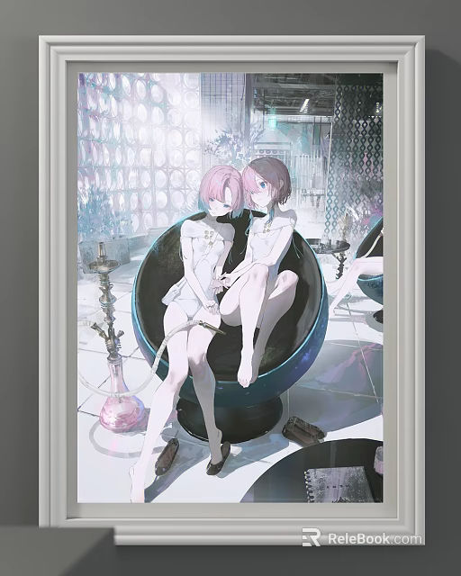 Anime Character Portrait Featuring Two Girls With Pink Blue Hair On Spherical Chair Ornate Interior 3d model 