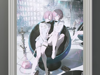 Anime Character Portrait Featuring Two Girls With Pink Blue Hair On Spherical Chair Ornate Interior 3d model