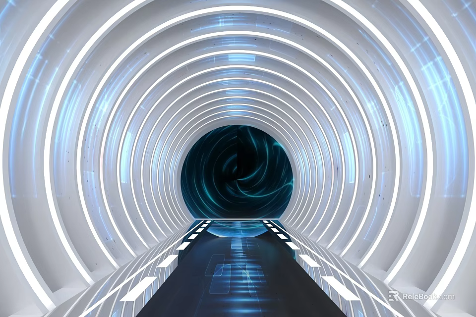 Futuristic Tunnel Interior With Circular LED Light Rings Blue Glow And Reflective Floor 3d model 
