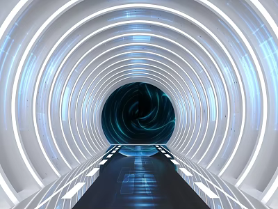 Futuristic Tunnel Interior With Circular LED Light Rings Blue Glow And Reflective Floor 3d model