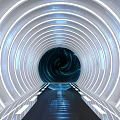 Futuristic Tunnel Interior With Circular LED Light Rings Blue Glow And Reflective Floor