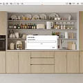 Modern Kitchen With Wooden Cabinets Open Shelves Coffee Machines Cups And Plates