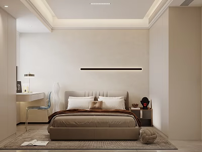 Minimalist Bedroom Interior Design With King Bed Nightstand Wall Light And Desk Chair 3d model