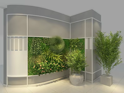 Indoor Modern Green Plant Wall With Diverse Greenery And Potted Plants 3d model