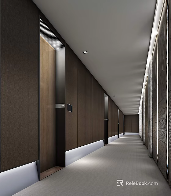 Modern Hotel Corridor Interior With Wooden Panel Walls Recessed Lights And Spacious Design 3d model 