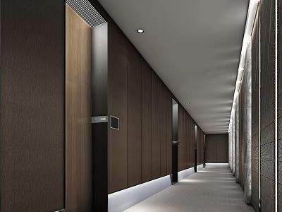 Modern Hotel Corridor Interior With Wooden Panel Walls Recessed Lights And Spacious Design 3d model