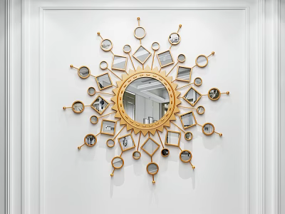 Decorative Gold Frame Mirror with Circular Center and Small Mirrors on White Wall 3d model