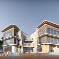 Modern Multistory School Building Exterior With Curved Roof And Glass Windows