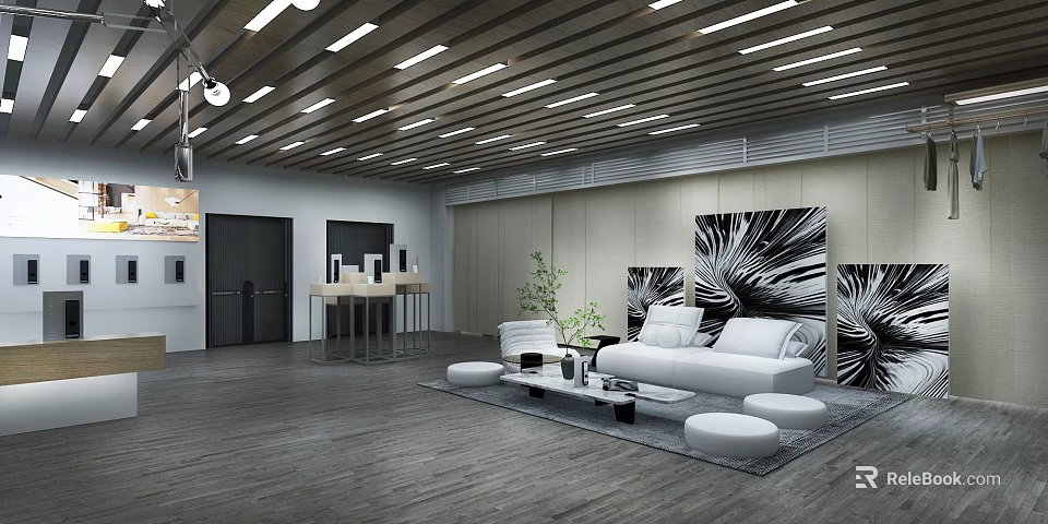 Modern Specialty Store Interior With White Sofa Black And White Art And Green Plants 3d model 