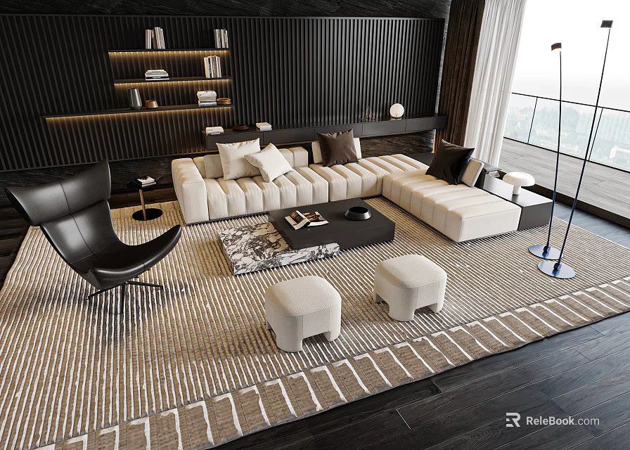 Modern Living Room Interior With Beige Sofa Coffee Table Set Striped Rug And Stools 3d model