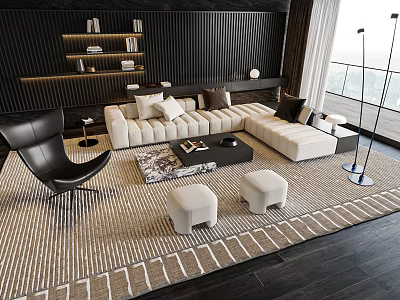 Modern Living Room Interior With Beige Sofa Coffee Table Set Striped Rug And Stools 3d model