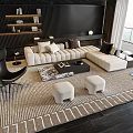 Modern Living Room Interior With Beige Sofa Coffee Table Set Striped Rug And Stools 3d model