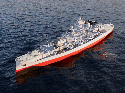White and Red Warship Sailing on Calm Blue Sea with Deck Structures 3d model