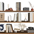 Stylish Decorative Ornament Combinations with Books Art Prints and Dried Flowers on Wooden Shelves