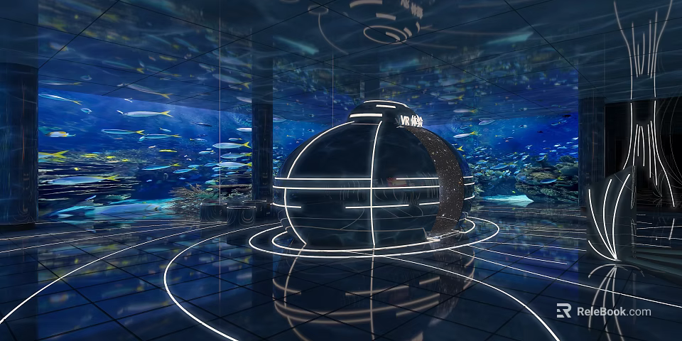 Underwater Themed Exhibition Hall With Spherical Structure Glowing Lines And Glass Walls 3d model 