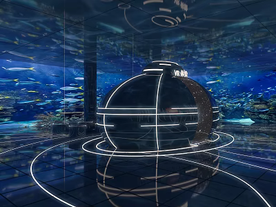 Underwater Themed Exhibition Hall With Spherical Structure Glowing Lines And Glass Walls 3d model