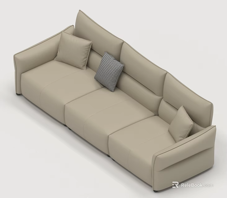 Beige Leather Three Seater Sofa With Plush Cushions And Patterned Accent Pillow 3d model