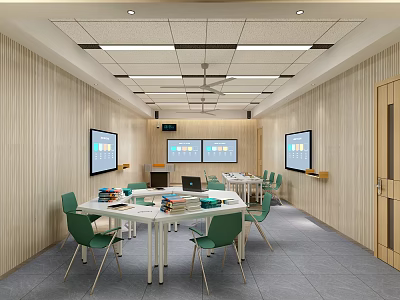 School Classroom Interior With Wooden Walls White Tables Green Chairs Digital Screens And Laptop 3d model