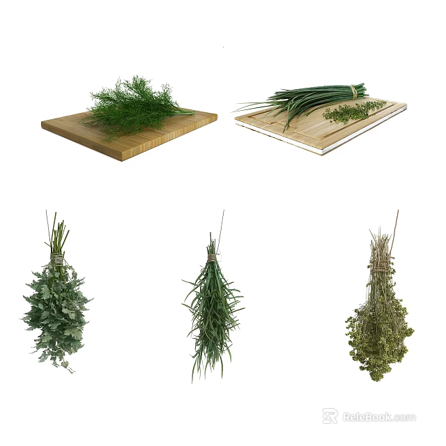 Fresh Green Vegetables and Herbs on Wooden Cutting Boards and Bunches of Produce 3d model 