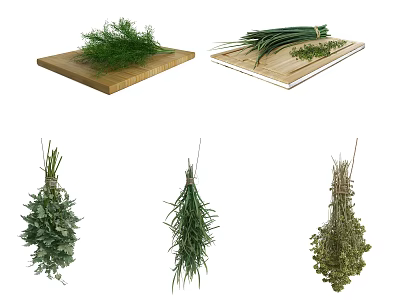 Fresh Green Vegetables and Herbs on Wooden Cutting Boards and Bunches of Produce 3d model