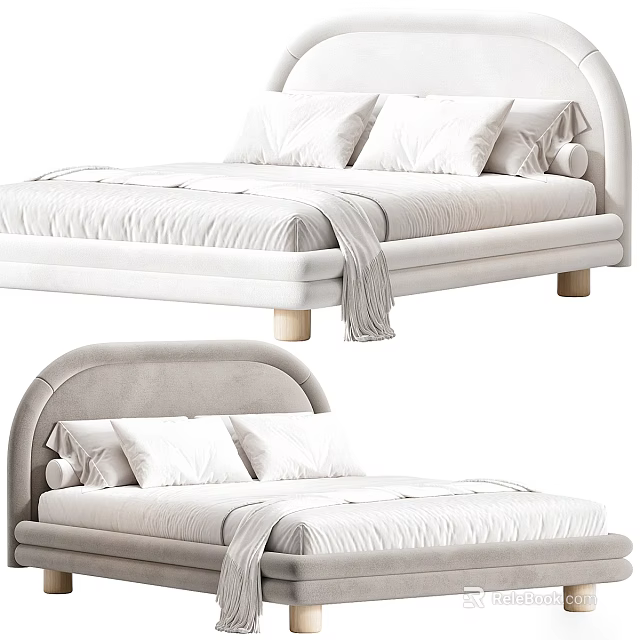 Modern Upholstered Double Bed in Background With Decorative Pillows Blanket and Wooden Legs 3d model 
