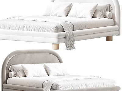 Modern Upholstered Double Bed in Background With Decorative Pillows Blanket and Wooden Legs 3d model