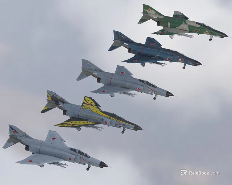 Multiple Fighter Jets Flying In Formation With Distinct Paint Schemes 3d model