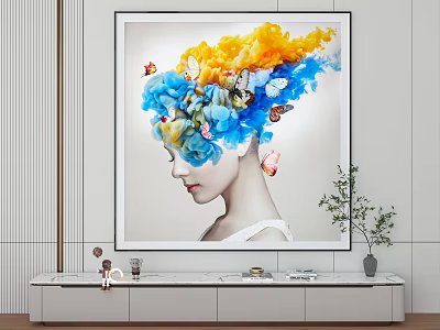 Portrait Painting of Woman with Abstract Blue Yellow Hues and Butterflies in Modern Interior 3d model