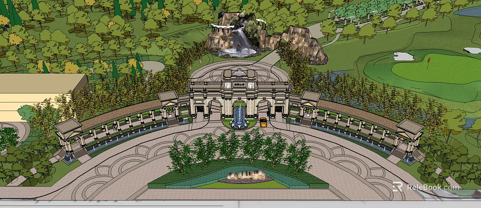 Grand Entrance Gate With Circular Fountain And Surrounding Trees And Rock Waterfall Background 3d model 