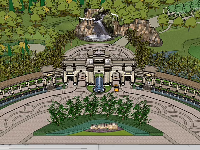 Grand Entrance Gate With Circular Fountain And Surrounding Trees And Rock Waterfall Background 3d model