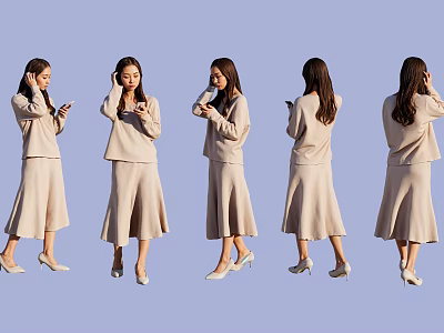Woman In Beige Suit With High Heels Using Smartphone From Different Angles On Light Blue Background 3d model