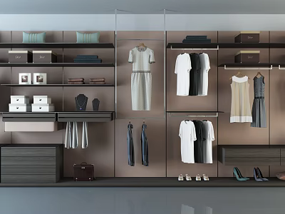 Modern Wardrobe Interior Design With Hanging Clothes Folded Garments Shelves Storage Boxes And Shoes 3d model