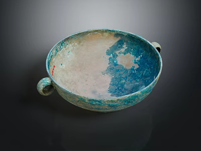 Ceramic Bowl With Two Handles Blue Green And Beige Tones Textured Surface Design 3d model