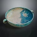 Ceramic Bowl With Two Handles Blue Green And Beige Tones Textured Surface Design