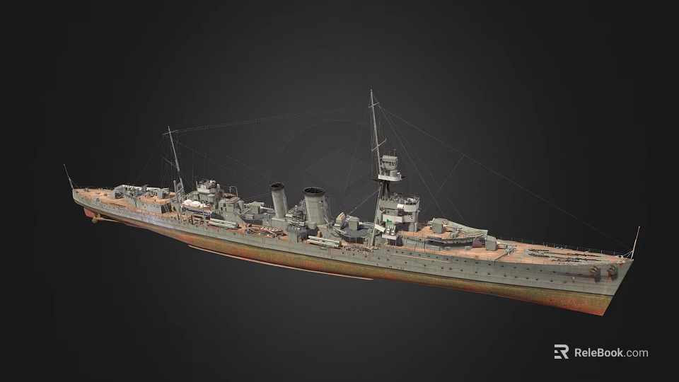 Vintage Warship With Deck Guns Multiple Chimneys Masts And Metal Hull Structure 3d model 