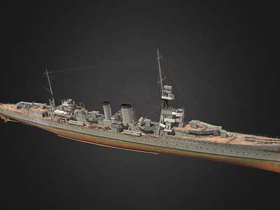 Vintage Warship With Deck Guns Multiple Chimneys Masts And Metal Hull Structure 3d model