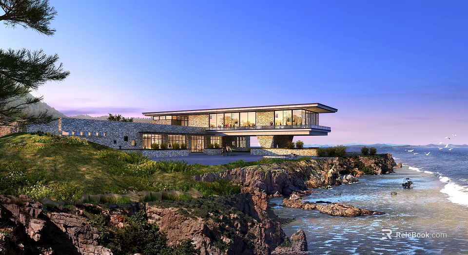 Modern Cliffside Villa With Large Glass Windows Overlooking Ocean And Sunset Sky 3d model 