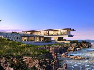 Modern Cliffside Villa With Large Glass Windows Overlooking Ocean And Sunset Sky 3d model